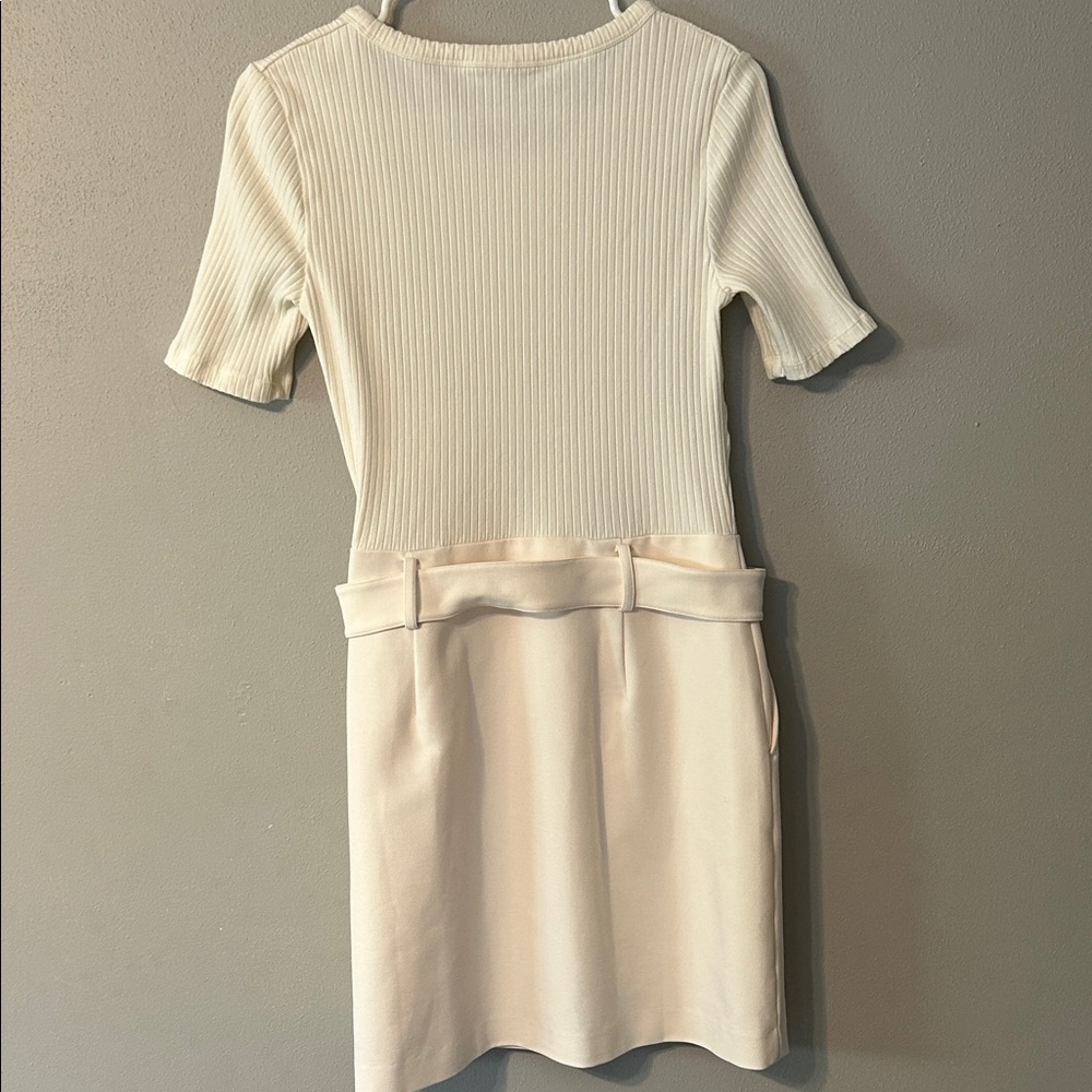 Cream Ribbed Short Sleeve Dress with Belt - Picture 3 of 4